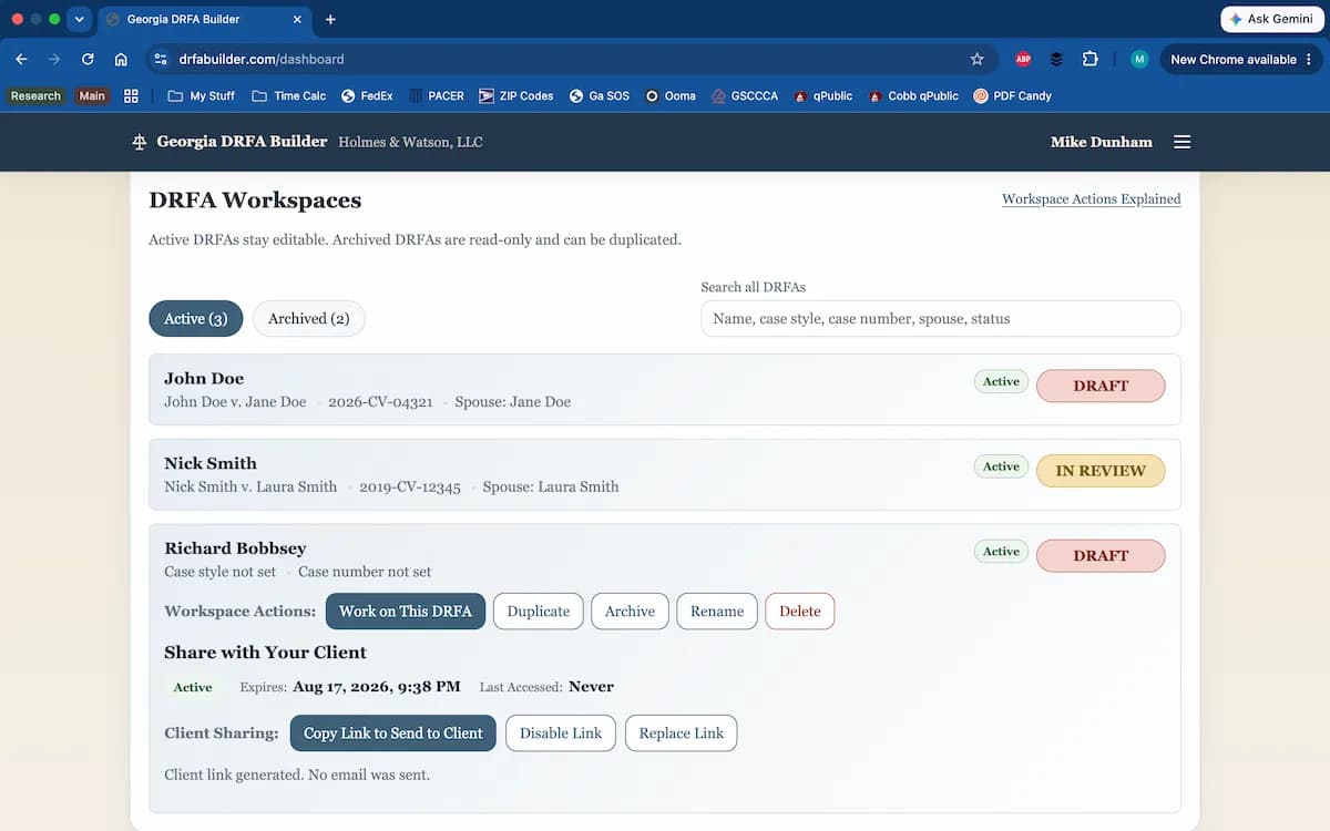 Georgia DRFA Builder Client Link screenshot